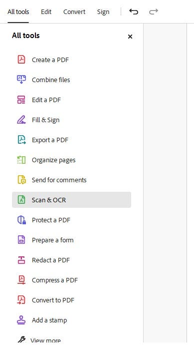 Select Scan & OCR from Adobe Acrobat PDF tools