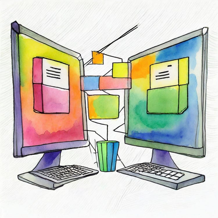 Infographic created with Adobe Firefly AI depicting transferring and converting files with multiple monitors.