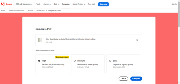 choose the compression level to compress the PDF