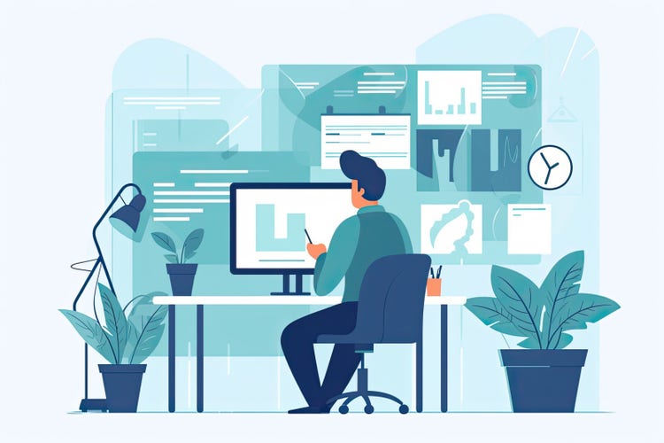 Illustration of a person sitting at a desk reviewing data and graphs on a computer.