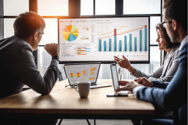 Two men and a woman discuss data and graphs projected on a screen at their desk, symbolising team-driven data decision-making.