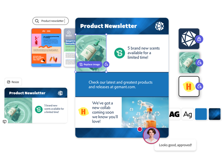 A collage of images in different sizes. The largest image shows the layout of a product newsletter containing text and images promoting cleaning products. The layout is surrounded by its design components, including a black-and-white geometric logo, a green image of a cleaning product dispenser bottle, a lemon icon with a “H” in the middle, typography elements and blue colour swatches. The collage also includes a generative AI text prompt bar that contains the words “Product newsletter,” a “Resize” icon and an image of a reviewer next to the words “Looks good, approved!”