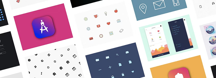 Collage of various icon design templates for Adobe Illustrator and Photoshop