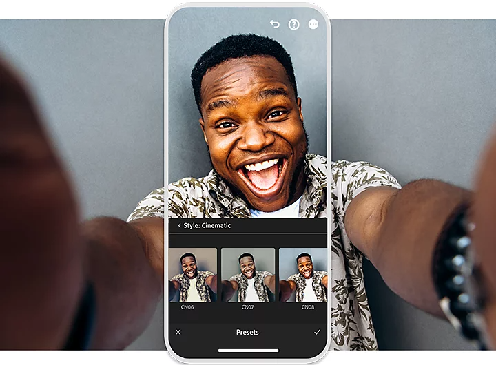 Adobe Photoshop Lightroom iPhone camera filters superimposed over a person taking a selfie photo