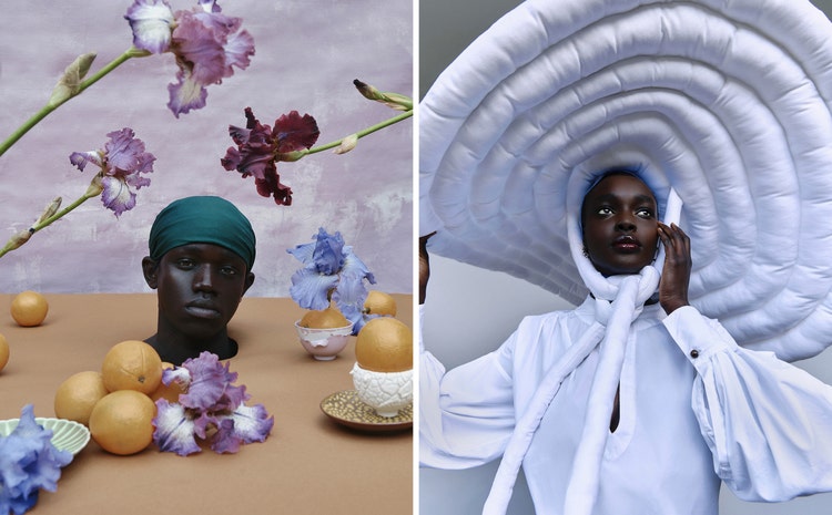 Fashion photography image: people head surrounded by flowers and oranges. | Women posing wearing large headpiece