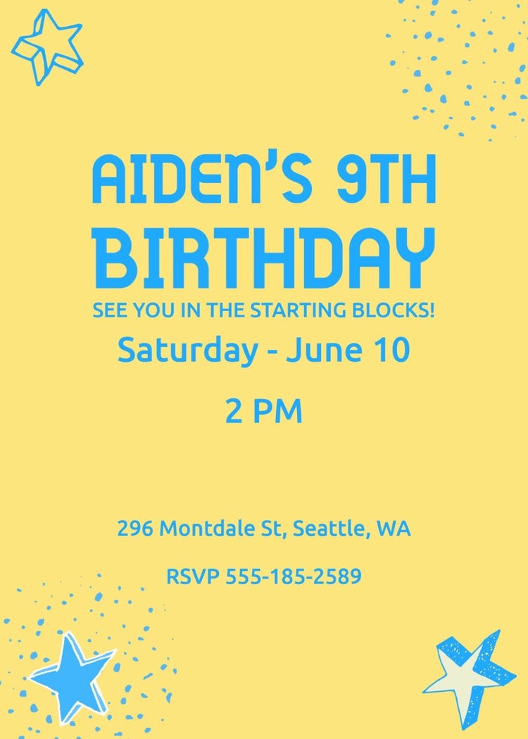 Yellow & Blue 9th Birthday Stars Invitation