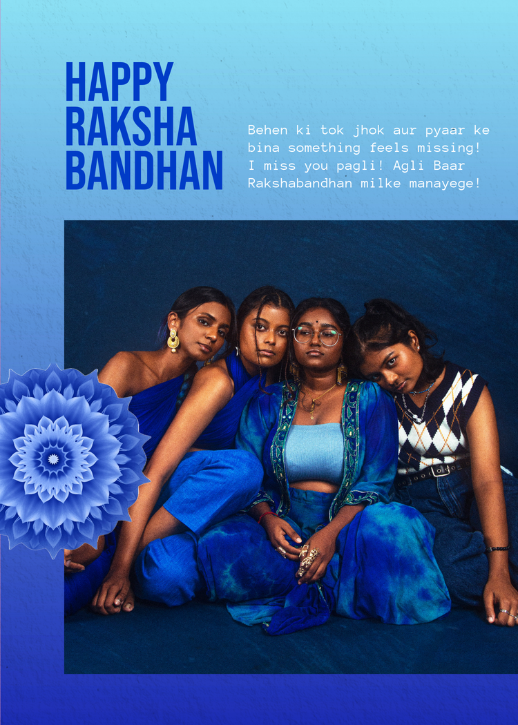 Blue Raksha Bandhan poster being edited in Adobe Express. The poster features four people.