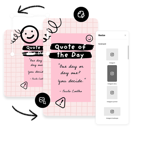 Pink poster with a "quote of the day", icons, doodles, and graphic elements., Imagen