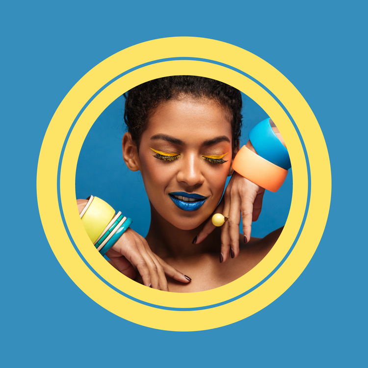 YouTube profile picture with blue background and double yellow circular border being edited in Adobe Express.