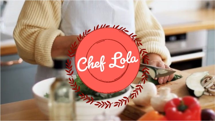 YouTube video being edited in Adobe Express. The video features "Chef Lola" preparing food in a kitchen.