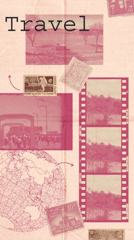 Travel-themed video collage featuring a vintage aesthetic, including photos being edited in Adobe Express.