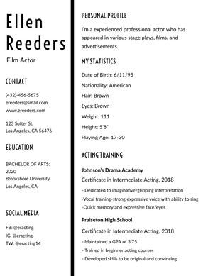 Black and White Actor Resume Resume Examples