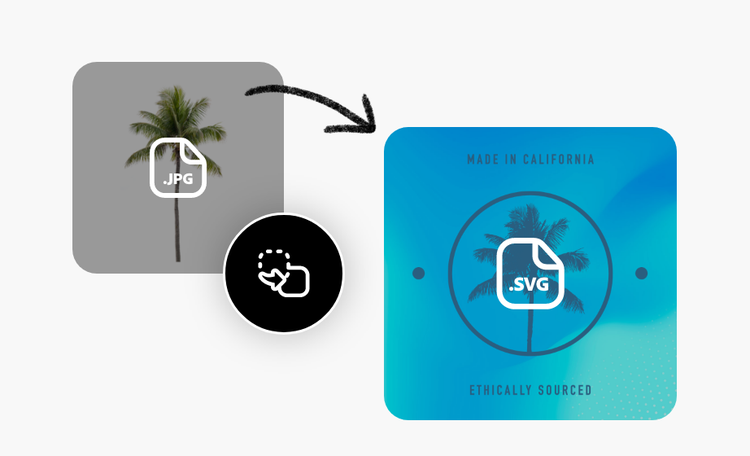 Icons and an image displayed twice. It features a palm tree. The first is labeled JPG and the second, SVG.