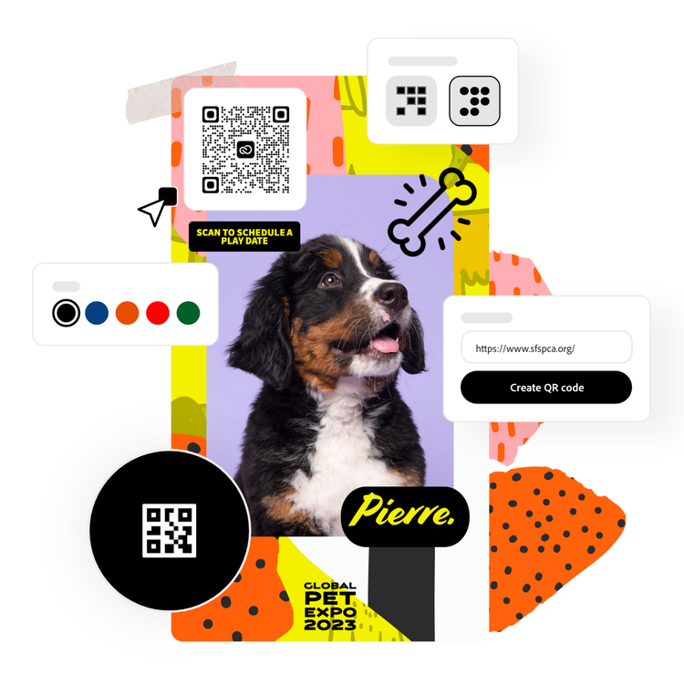 Icons, graphic elements, an event pass with the image of a dog and QR codes. One is labeled "Scan to reveal a treat".