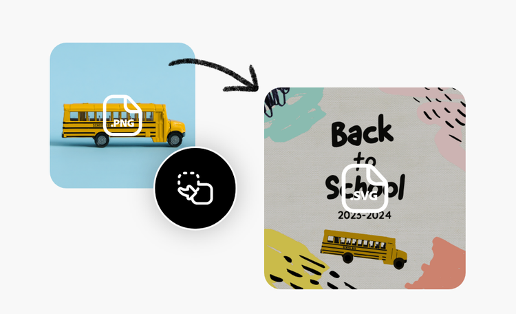 Icons and an image displayed twice. It features a school bus. The first is labeled PNG and the second, SVG.