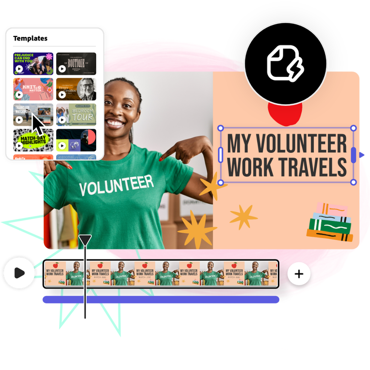 Icons, graphic elements, and a video featuring the text "My volunteer work travels" being edited in the background.