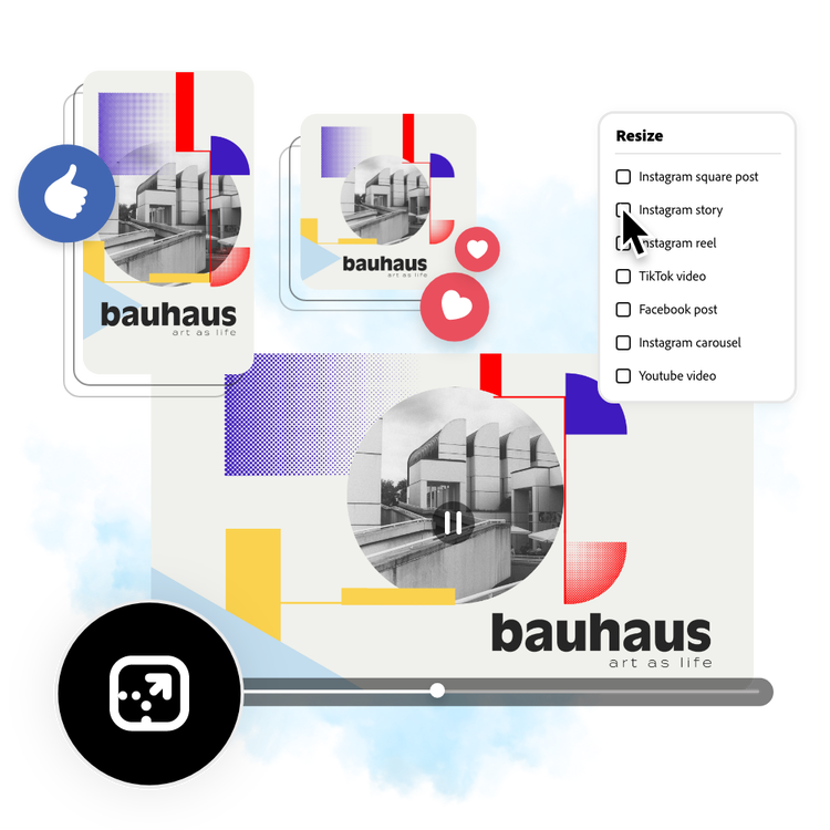 Icons, graphic elements, a video about Bauhaus being edited, and two social media posts with the same image from the video.