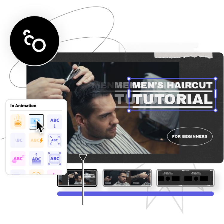 Icons, and graphic elements, and YouTube video tutorial about men's haircut playing in the background.