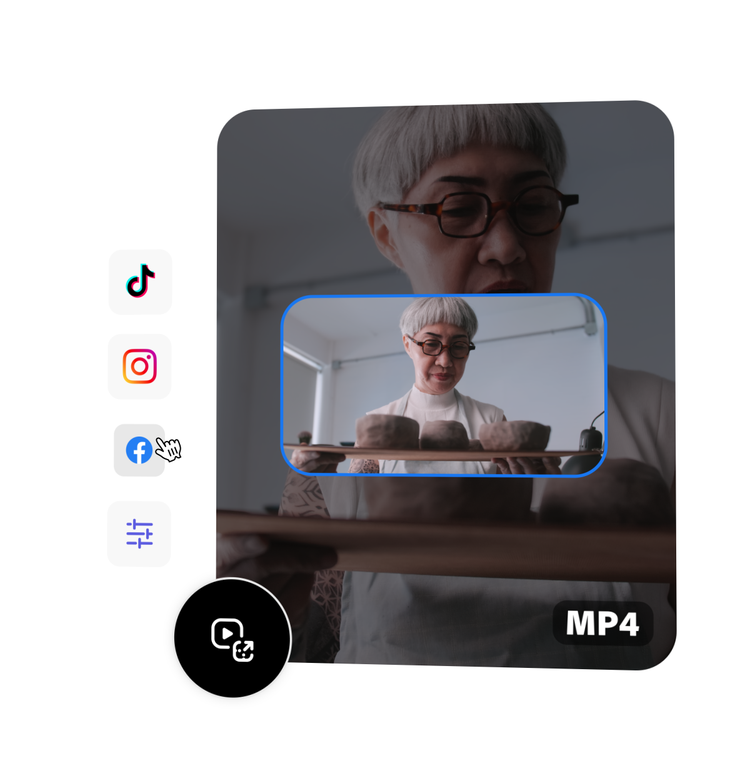 A mp4 video being resized surrounded by icons for various social media.