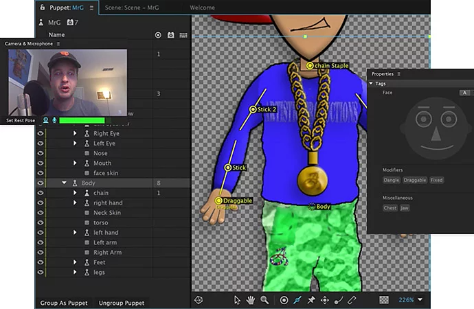 A cartoon character controlled in Adobe Character Animator for a live stream