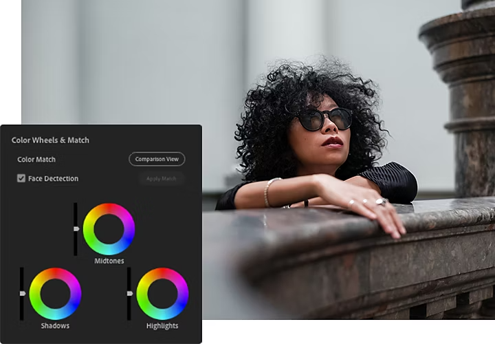 A photo of a person sitting next to stone handrails with a Cool Wheel & Match tool superimposed over it