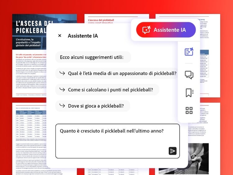 Immagine che mostra il pop-up dell'Assistente IA di Acrobat con suggerimenti di domande da porre al documento