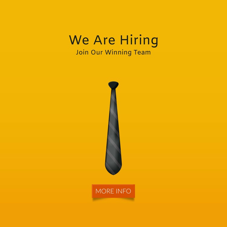 Una cravatta e le scritte "We are hiring, Join our winning team" e "More info"