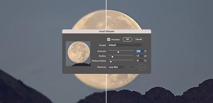 Using the Smart Sharpen tool to edit a photo of the moon