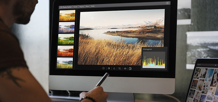Una persona che utilizza lo strumento Istogramma per modificare la foto di un paesaggio