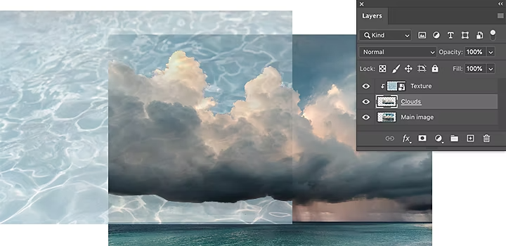 Nuvole e acqua sovrapposte con lo strumento di sovrapposizione di Adobe Photoshop.