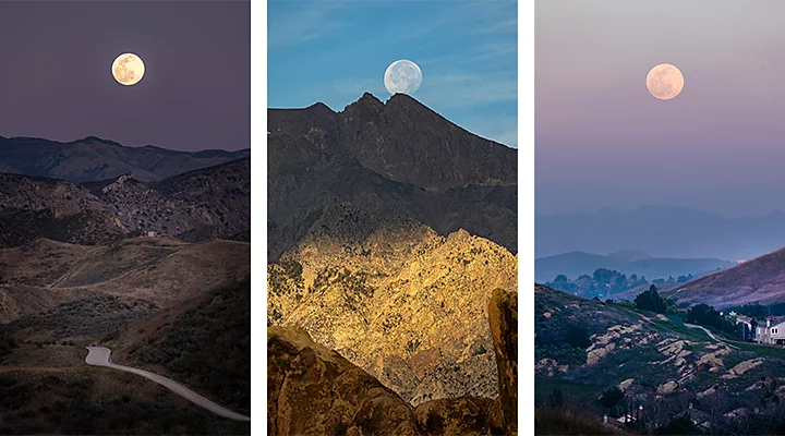 Three images of a supermoon captured at different times of the day