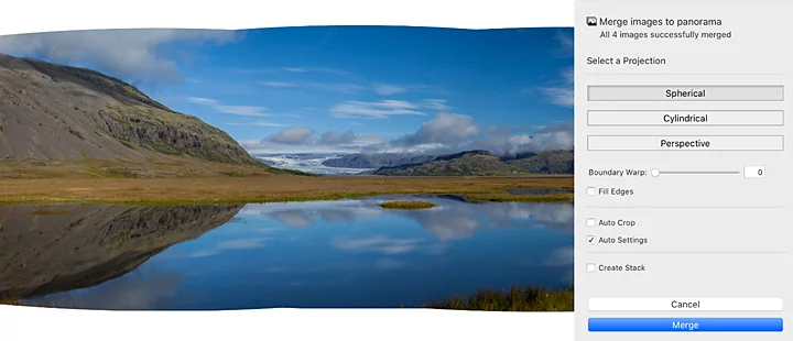 Four photos stiched together of a lake with mountains behind it using Adobe Lightroom