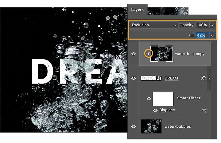 Create a Clipping Mask with the duplicated water layer and set Photoshop blending mode to Exclusion, reduce the layer Fill