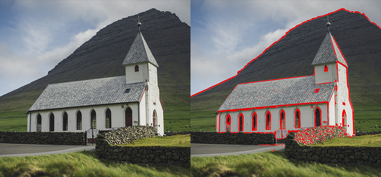 A photo of a church next to a photo of church with focus peaking enabled