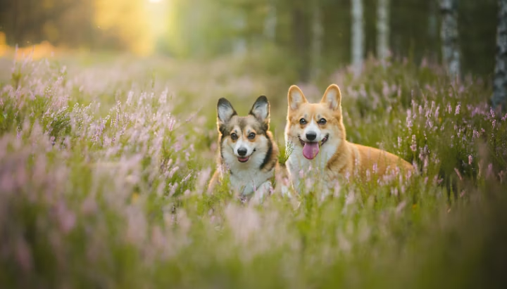 Welsh-corgi-pembroke-dogs-in-heathers-lovely-photo-in-golden-hour