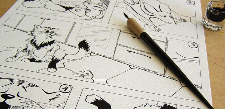 Storyboard su un gatto e un topo creato con penna e inchiostro.