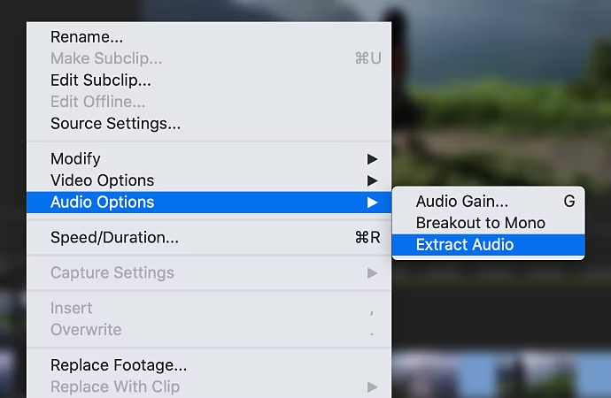 Opzioni per estrarre l’audio in Adobe Premiere Pro.