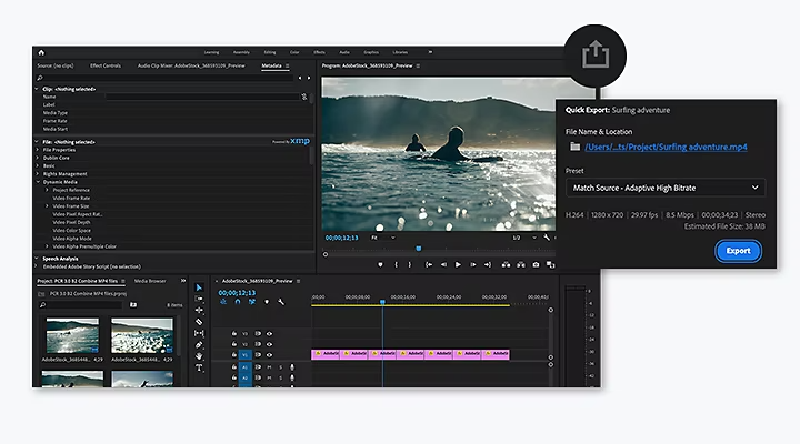 Immagine dell’unione di diversi file MP4 in Adobe Premiere Pro