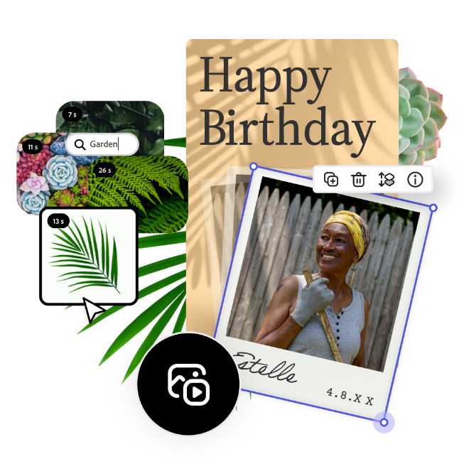 Birthday collage using Adobe Express filters. "Happy Birthday" text, plant images, and a photo of a smiling woman with garden elements.