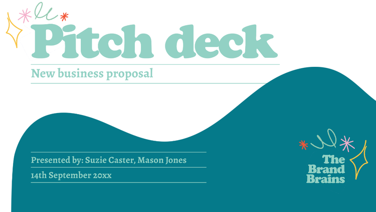 Pitch deck presentation with name and dates, for new businesses focused on brands, with blue and white background.