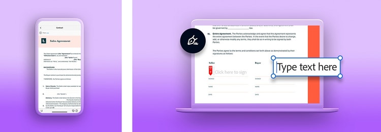 Reviewing and signing a sales agreement with Adobe Sign on a smartphone or laptop
