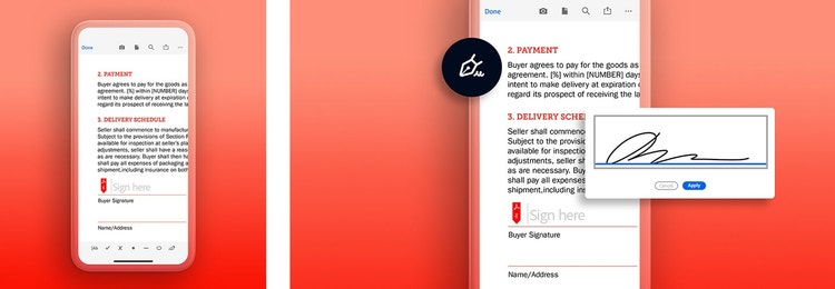 A graphic of an LLC operating agreement on a laptop next to a graphic of an LLC operating agreement being signed on a mobile phone using Adobe Sign