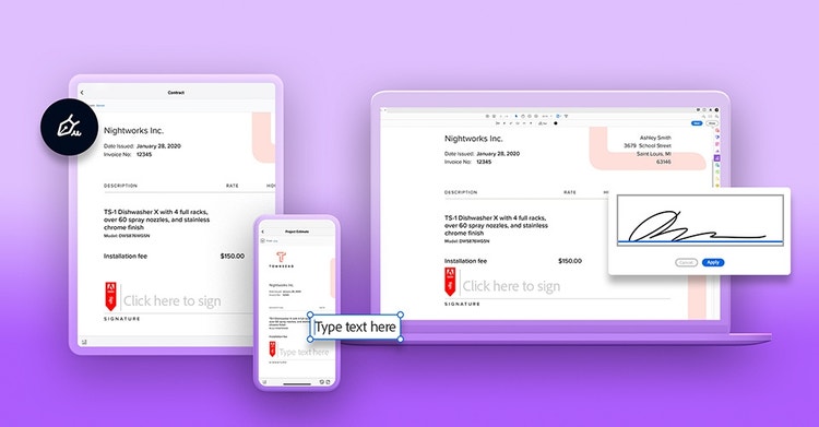 Signing NDA documents with Adobe Sign on a mobile device, tablet, and laptop.