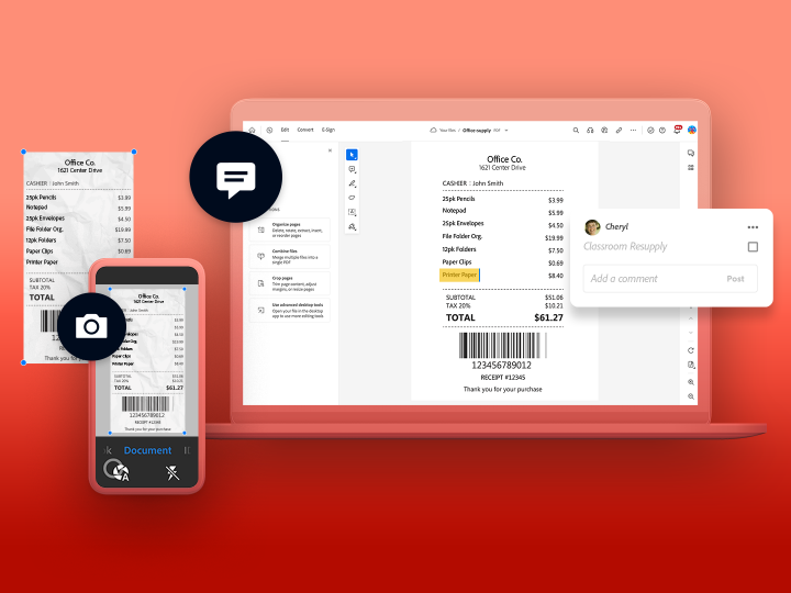 A simple line illustration of multiple interfaces, devices, and documents needed when organizing tax information