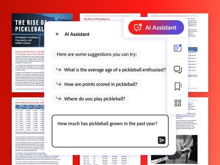 文書に対する質問の提案が表示されているAcrobat AIアシスタントのポップアップのスクリーンショット。