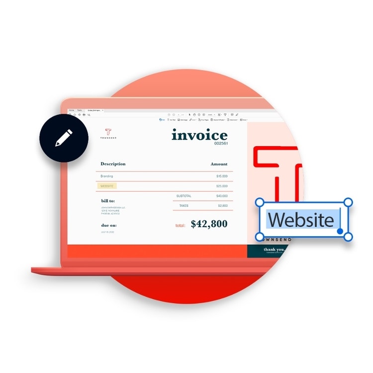 Mockup of an invoice PDF being edited in Adobe Acrobat with edit icon and dialogue window overlaid