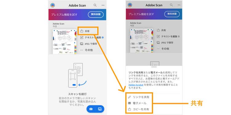 保存後の画面で「共有」をクリックして、3つの方法から選んでPDFファイルを共有する