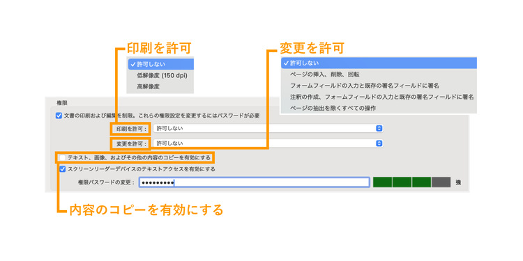 「文書の印刷および編集を制限」にチェックを入れ、目的に合わせて各項目を変更する