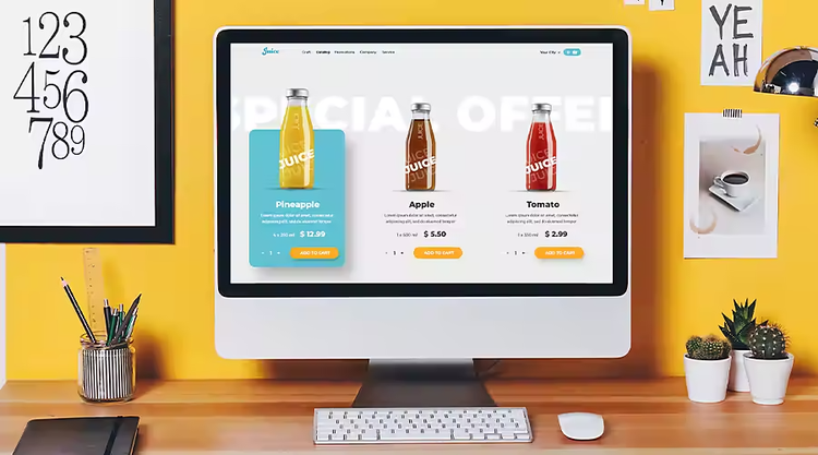 A juice company's website on a desktop computer