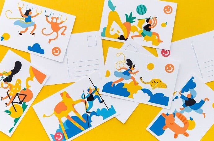 Assortment of colorful postcards